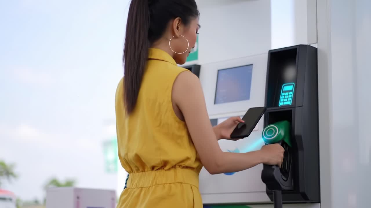 Woman in Yellow Dress Refueling Vehicle at Gas Station with Modern Pump Technology Showcasing Digital Interface and Eco-Friendly Options