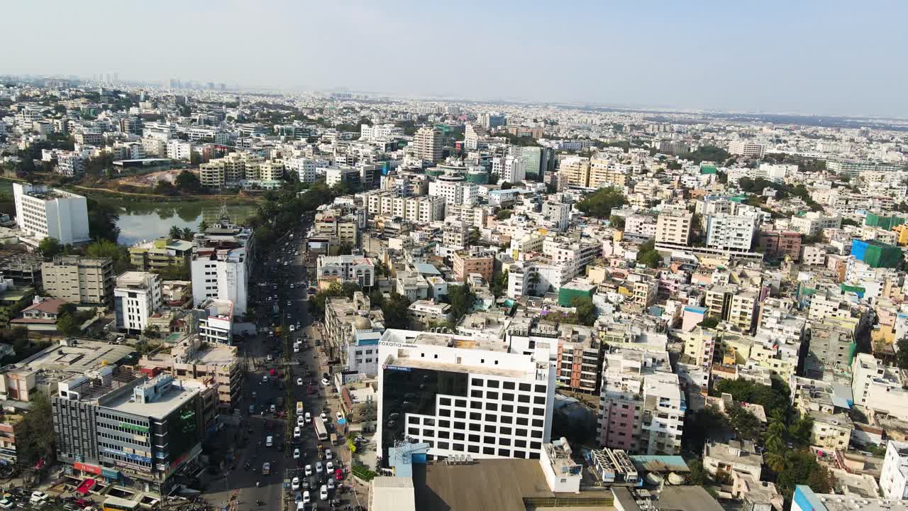 Aerial drone shot capturing the essence of Hyderabad’s city life, with packed streets, towering buildings, and ongoing development projects.