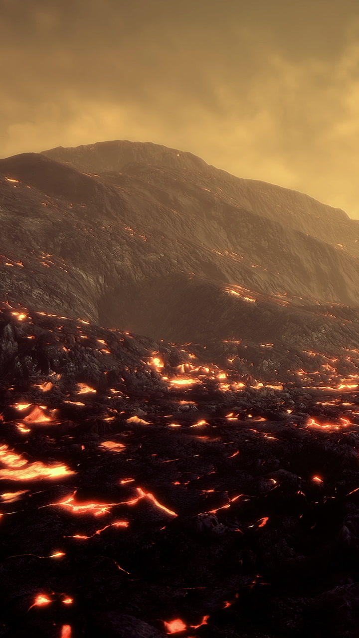 Lava flows create new landscape in volcanic eruption at sunset