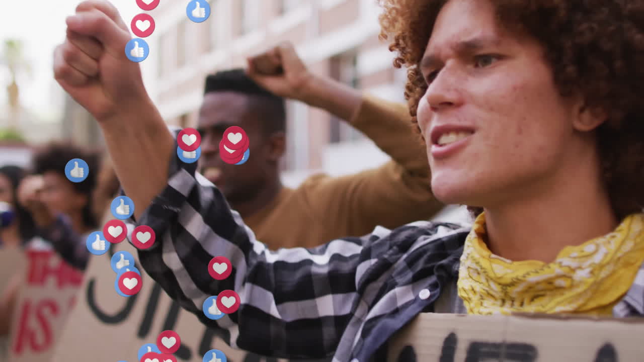 woman shouting protest slogan on street with floating thumbs-up hearts icons showing technology