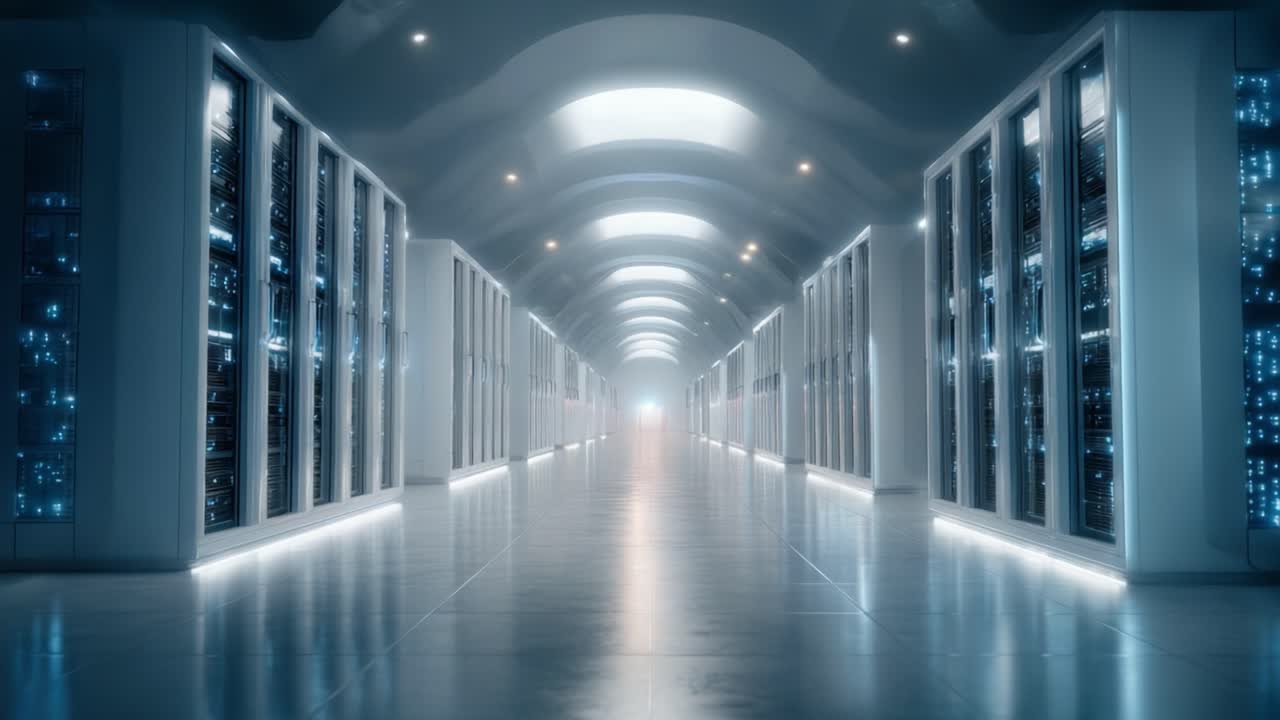 A Mesmerizing Journey Through a High-Tech Server Room with Illuminated Aisles Leading Towards a Radiant Energy Source, Inviting Exploration of Advanced Information Technology