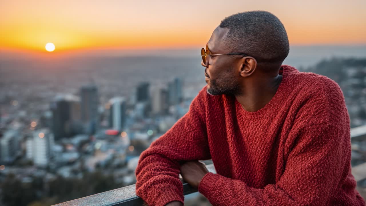 Contemplative sunset view from a city overlook, featuring a man in a cozy sweater and sunglasses, captivated by the vibrant colors of dusk as the sun sets over the skyline