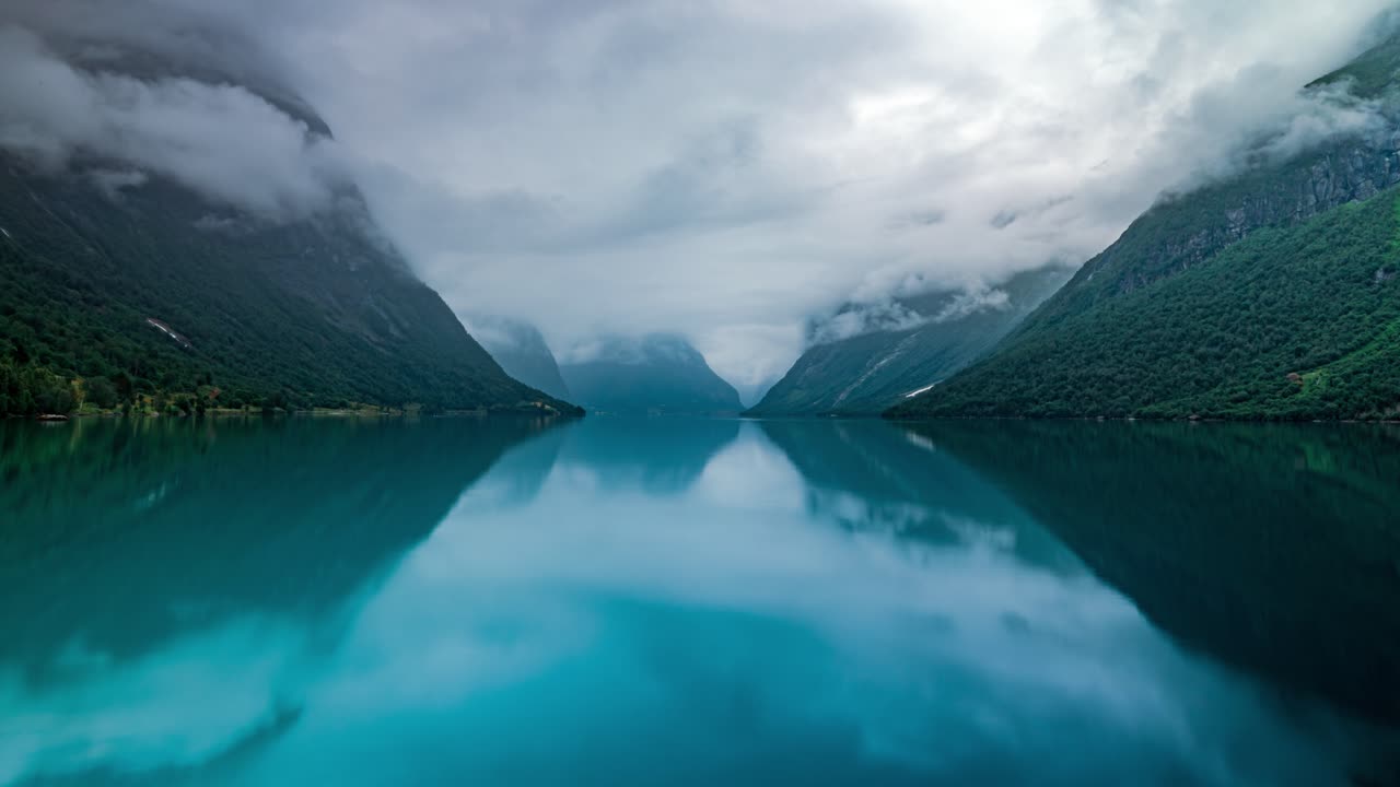 Timelapse Beautiful Nature Norway natural landscape lovatnet lake Lodal valley.
