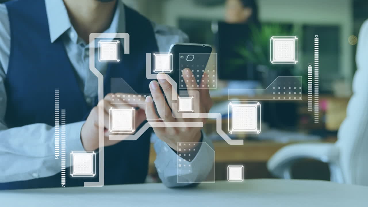 스마트 폰을 사용하는 사업가에 대한 연결 네트워크 및 데이터 처리의 애니메이션