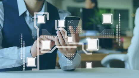 animación de la red de conexiones y procesamiento de datos a través de un empresario que utiliza un teléfono inteligente
