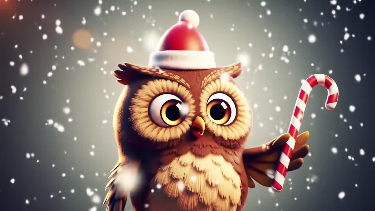 A Charming Cartoon Owl Dressed in a Santa Hat and Holding a Candy Cane, Capturing the Essence of Winter Festivities and Holiday Cheer in a Playful Snowy Scene
