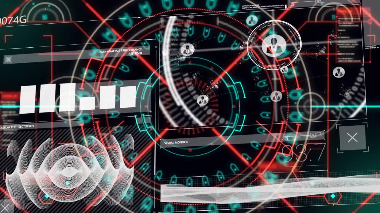 Interface launching grid pulsing, bars oscillating, rings rotating, icons moving showing metrics