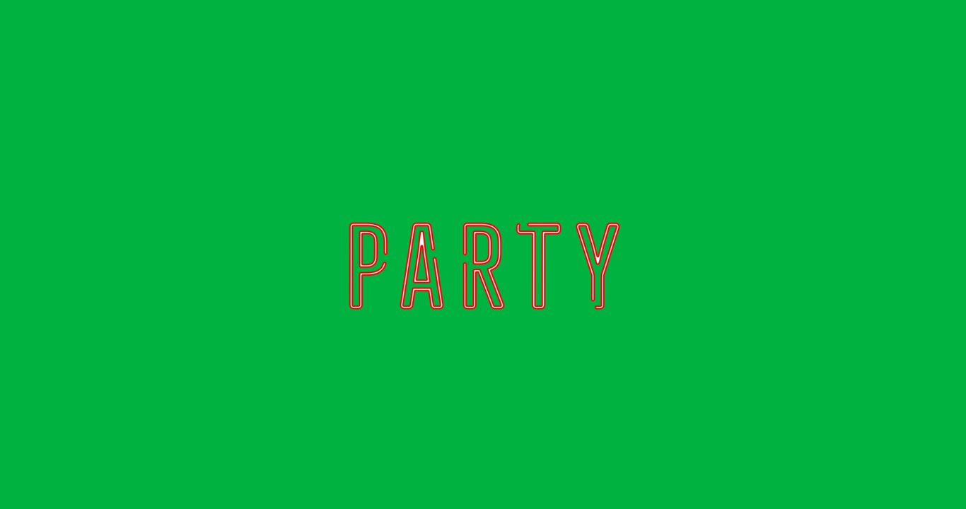Animazione digitale di banner testuale 'party' arancione neon su sfondo nero
