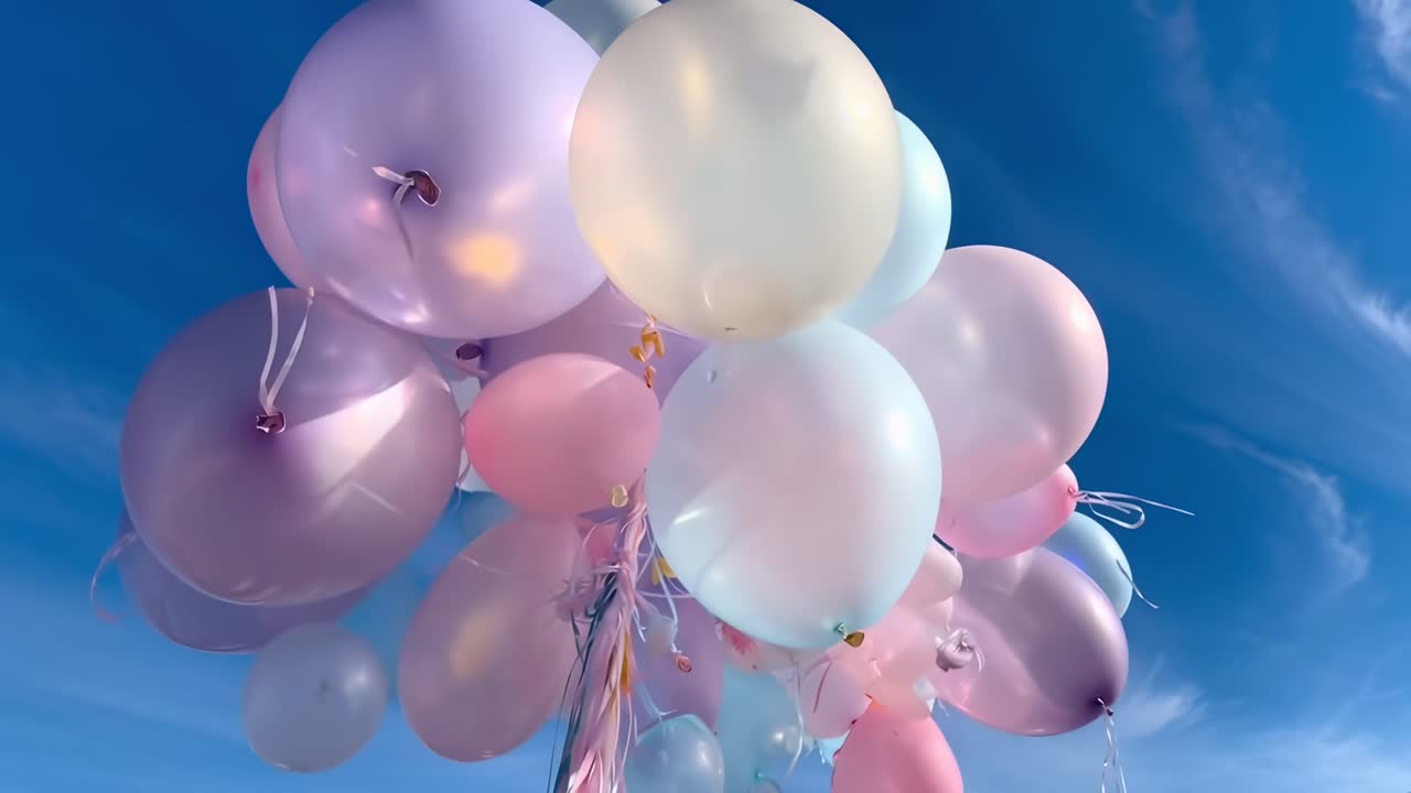 Video da angolazione bassa di palloncini pastello contro un cielo azzurro limpido, che crea un'atmosfera sognante ed edificante.