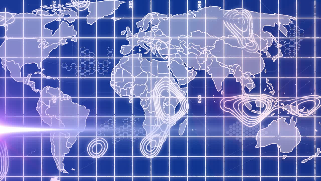 Animation of abstract patterns, grid pattern over map and circuit board pattern on blue background