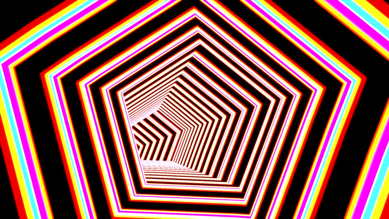 el túnel del pentágono abstracto animación sin costuras. pentaedros fluorescentes con iluminación de neón rojo, amarillo y violeta. viaje psicodélico en el portal del ciberespacio. corredor luminoso geométrico futurista