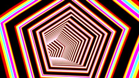 abstract pentagon tunnel seamless animation. fluorescent pentahedrons with red, yellow, violet neon illumination. psychedelic journey in cyberspace portal. futuristic geometric glowing corridor