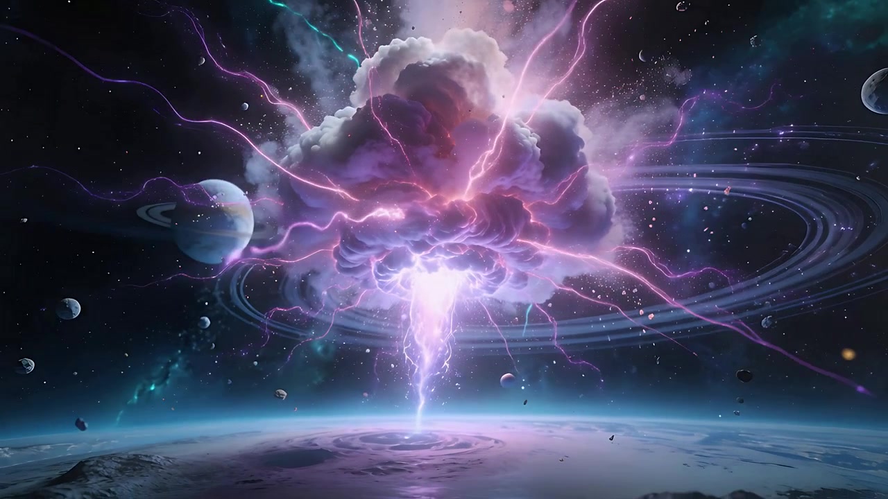 Awan badai terbentuk mengirimkan berkas energi ke arah cakrawala planet, menciptakan gangguan permukaan yang bercahaya