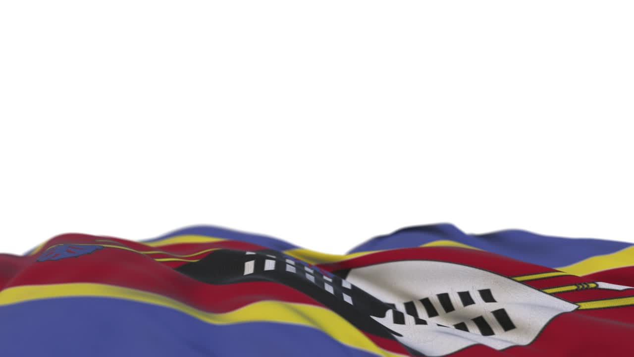 swazilandia bandera de tela agitando en el bucle de viento. swazi bordado costurado bandera de tela balanceándose en la brisa. fondo blanco medio lleno. lugar para el texto. bucle de 20 segundos.