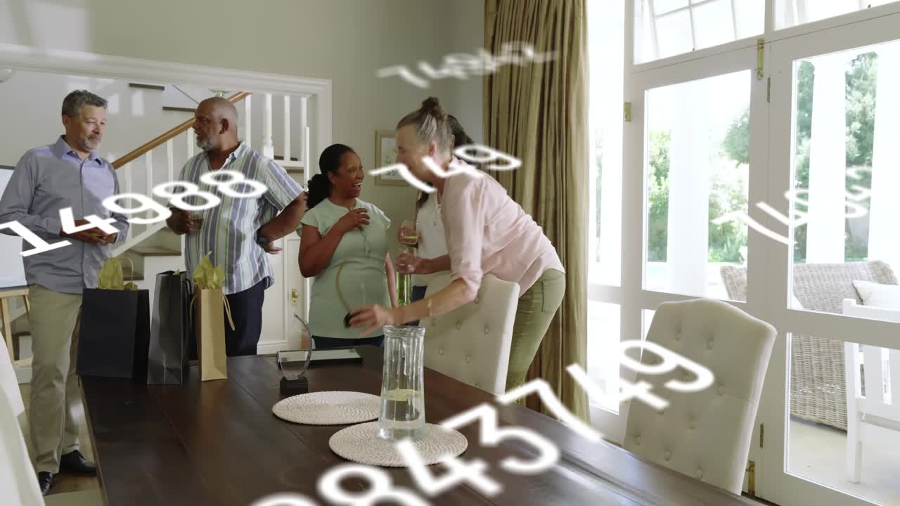 Social group at table tall woman stepping placing device for viewing floating digits crossing faces