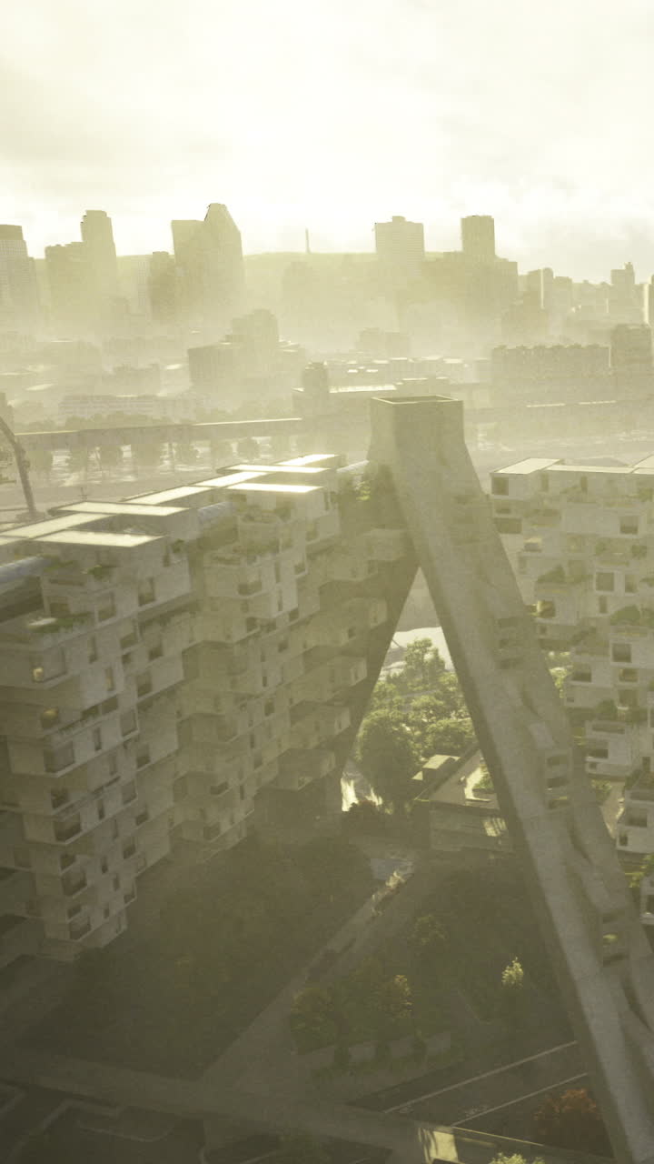Vista urbana di edifici e skyline al mattino con nebbia