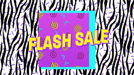 Digital-animation-of-flash-sale-text-on-purple-banner-over-zebra-stripes-pattern-on-white-background