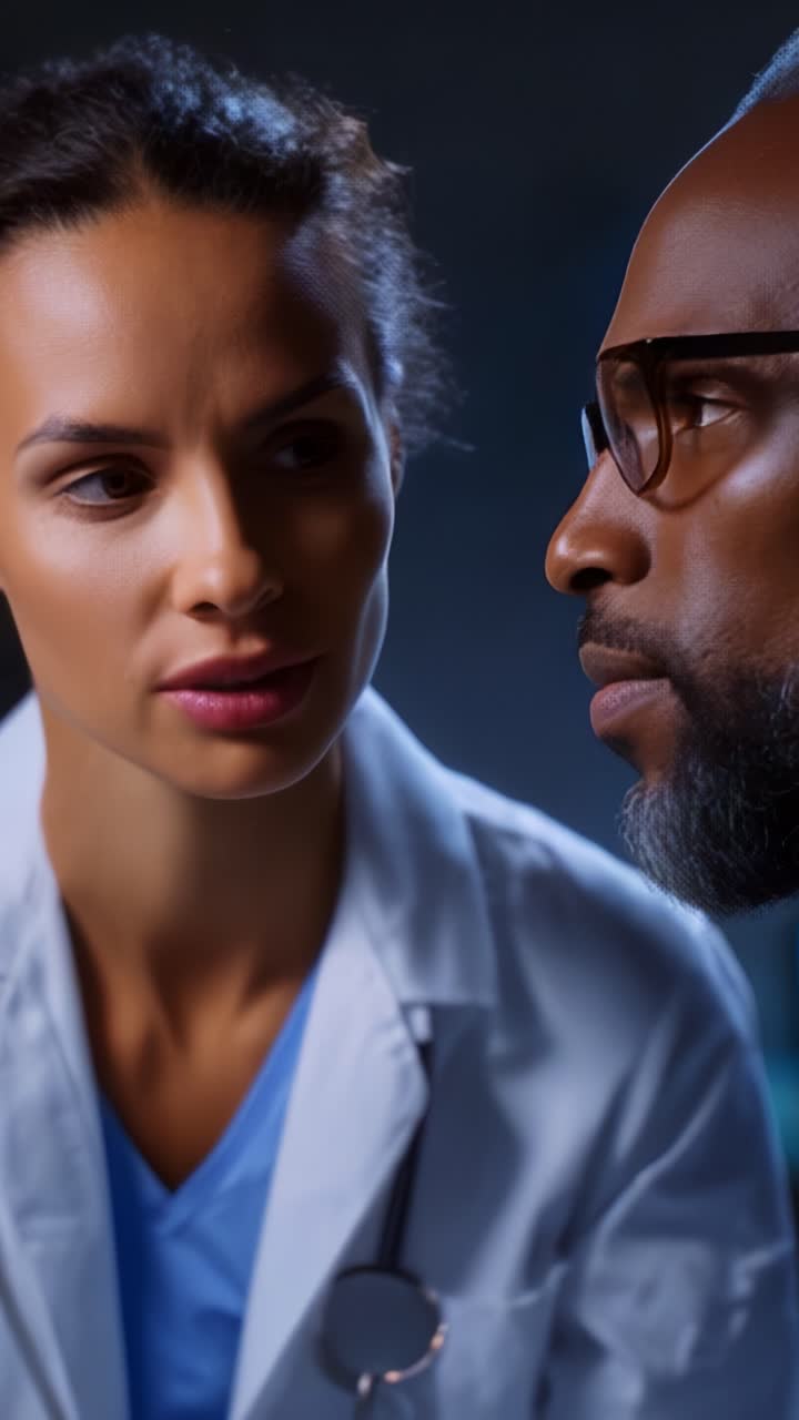 Engaged Medical Professionals Discussing Patient Care in a Focused, Intimate Setting with Clinical Attire, Stethoscope, and Professional Demeanor Highlighting Collaboration