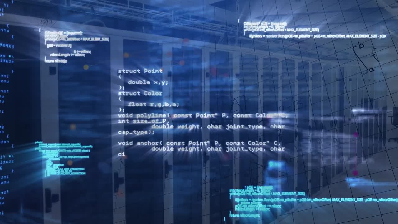 animación del lenguaje informático, ecuaciones matemáticas y diagramas contra la sala del servidor