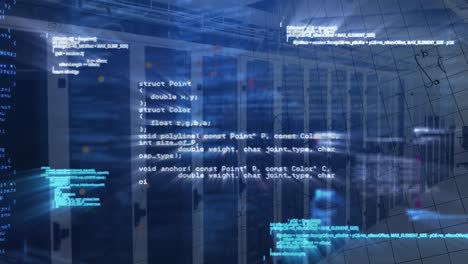 Animation-of-computer-language,-mathematical-equation-and-diagrams-against-server-room