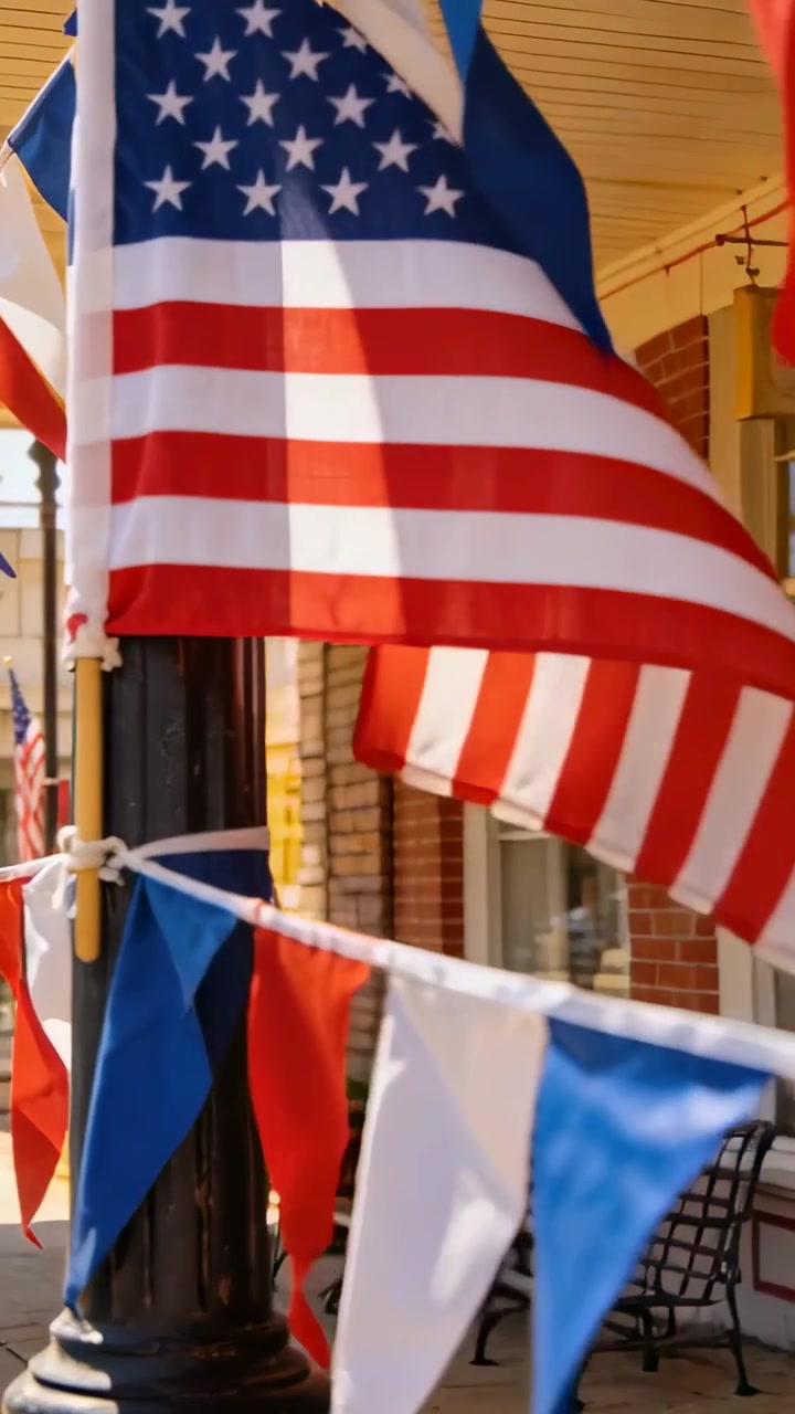 Vertical video: Billowing US flag and bunting fluttering on porch as light breeze blowing, bench