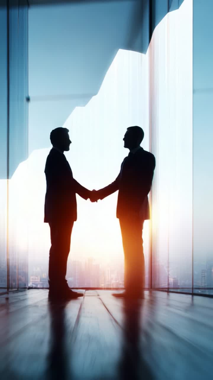 Due professionisti che si stringono la mano in controluce sullo sfondo del panorama di una città illuminata, a simboleggiare la cooperazione, la partnership e il successo commerciale in un ambiente moderno