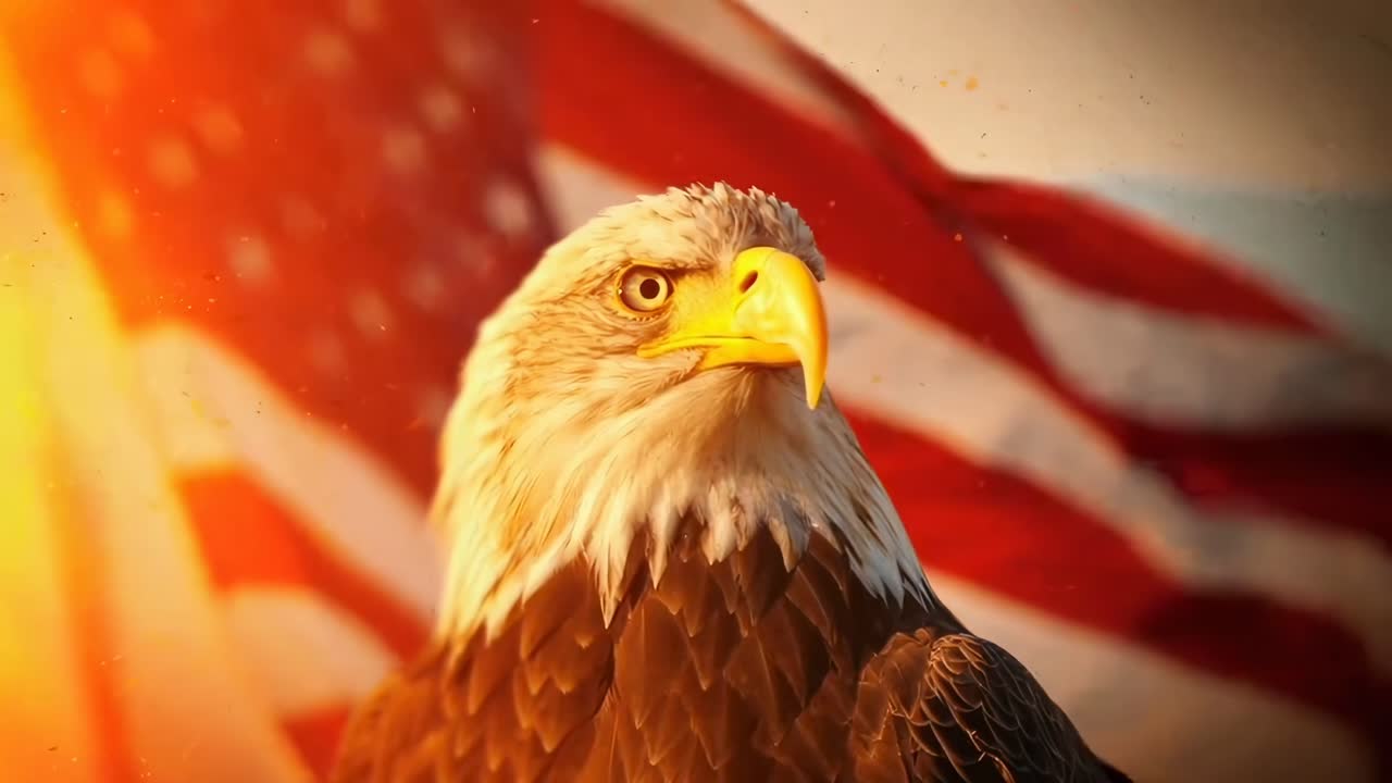 Primo piano video di un'aquila calva con sfondo di bandiera americana, illuminazione calda