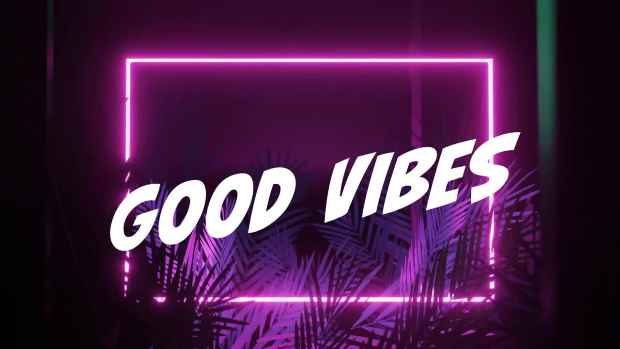 Animation of good vibes text over neon shapes and plants