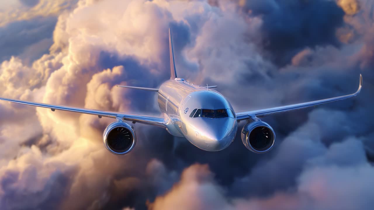 Un aereo maestoso che solca nuvole vivaci, catturando l'essenza del volo in una vista aerea mozzafiato che mette in mostra i suoi potenti motori e il suo design elegante