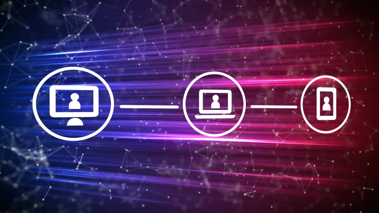 red de iconos de conexión contra la red de conexiones y rastros de luz coloridos