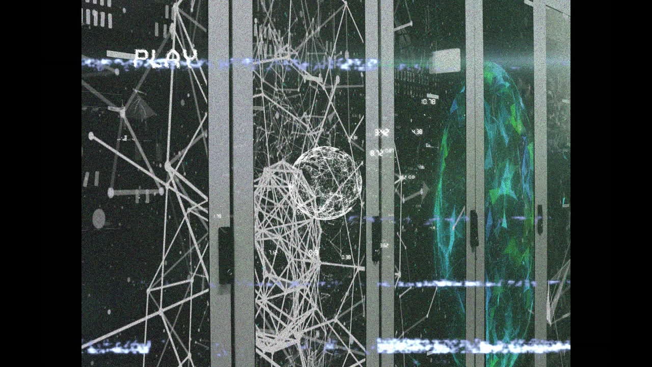 Animation of play interface screen and network of connections over computer servers