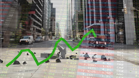 animación de estadísticas y procesamiento de datos financieros sobre el paisaje urbano