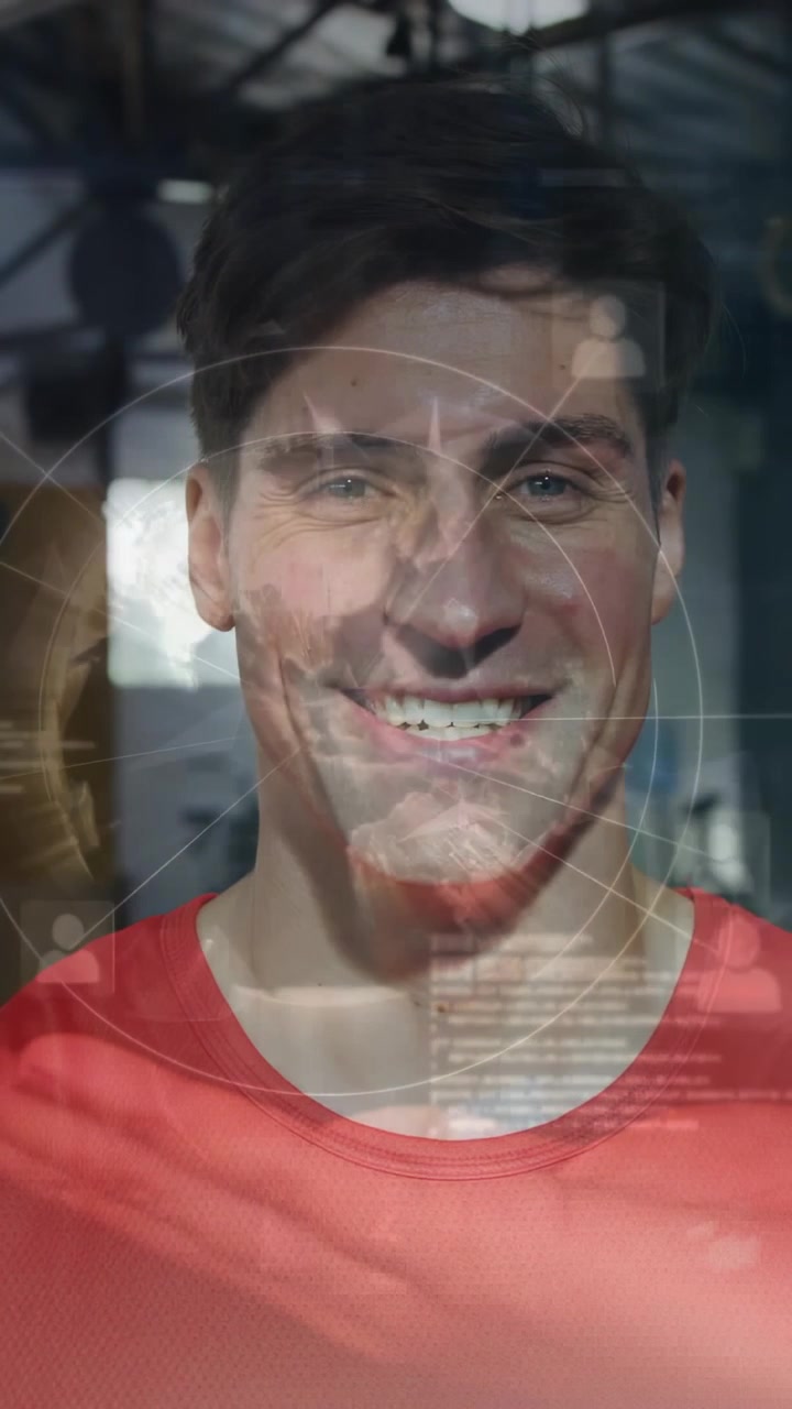 Vertical video: Camera spotting face and starting AR overlay, man smiling while HUD tagging health