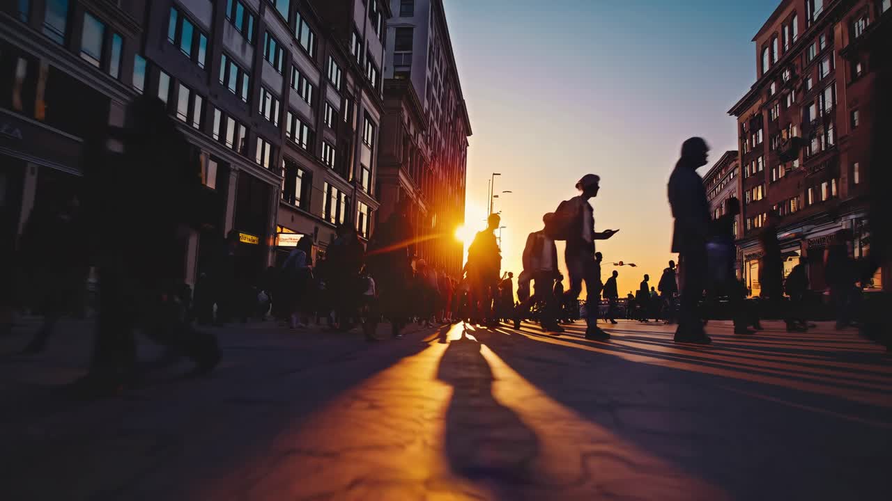 Inquadratura dal basso di sagome di pedoni che camminano per una strada cittadina al tramonto.