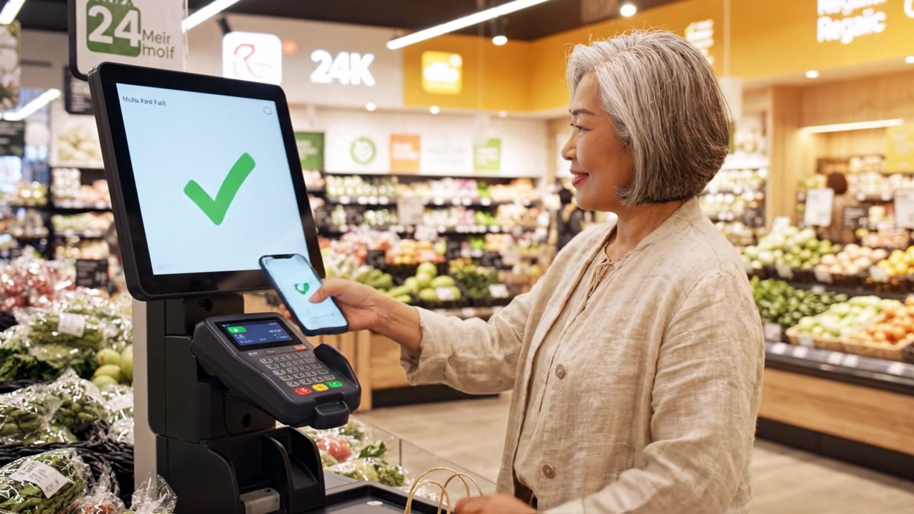 Mulher Idosa Usando Quiosque de Autoatendimento em Supermercado para Finalizar Compras, Verificando o Telefone e Recolhendo Mantimentos em Sacola de Papel com um Sorriso