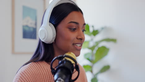 Microphone,-headphones-and-woman-on-podcast