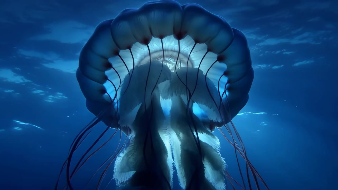 Vista subacquea di una medusa luminosa che fluttua in acqua blu profondo, con campana traslucida, lunghi tentacoli fluttuanti, un morbido bagliore interno e una graziosa forma verticale che crea un calmo dettaglio marino naturale.
