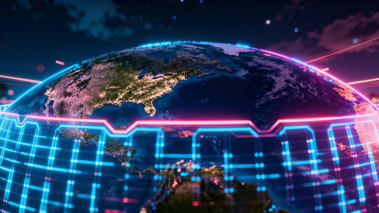 Initiating magenta scan, Earth revealing neon grid and pulsing node lights over North America