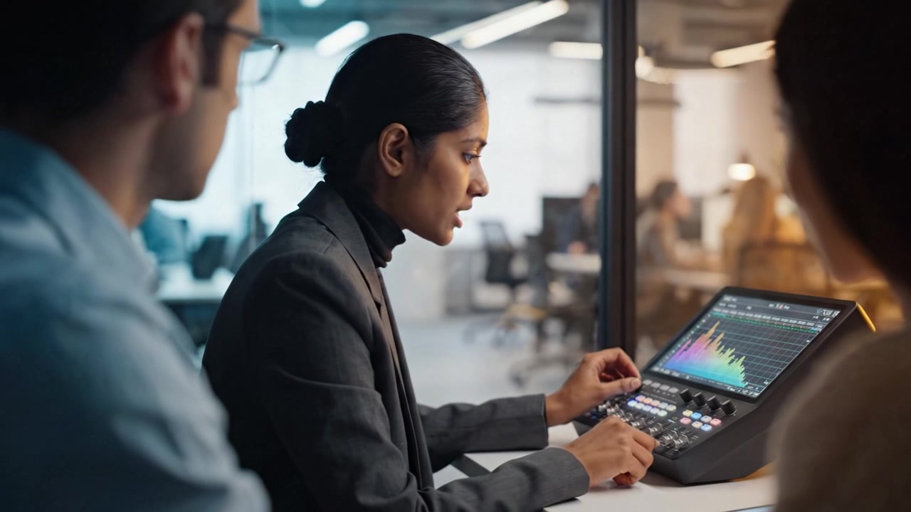 Focused professional analyzing data on a digital interface in a modern office environment, showcasing collaboration and technology in the workplace.