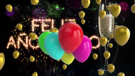 Animation-of-happy-new-year-text,-balloons-with-fireworks-and-champagne-on-black-background