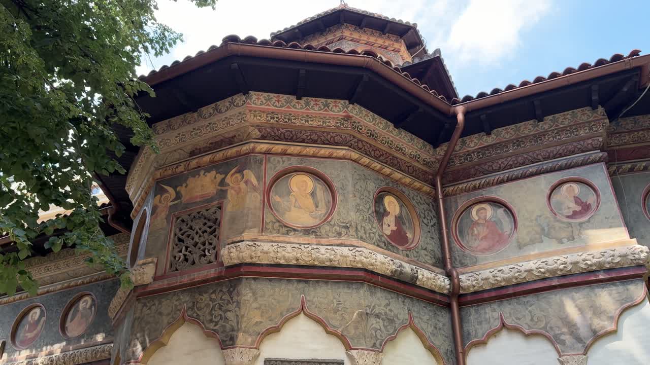 Stavropoleos old church in Bucharest city centre. Tilt up