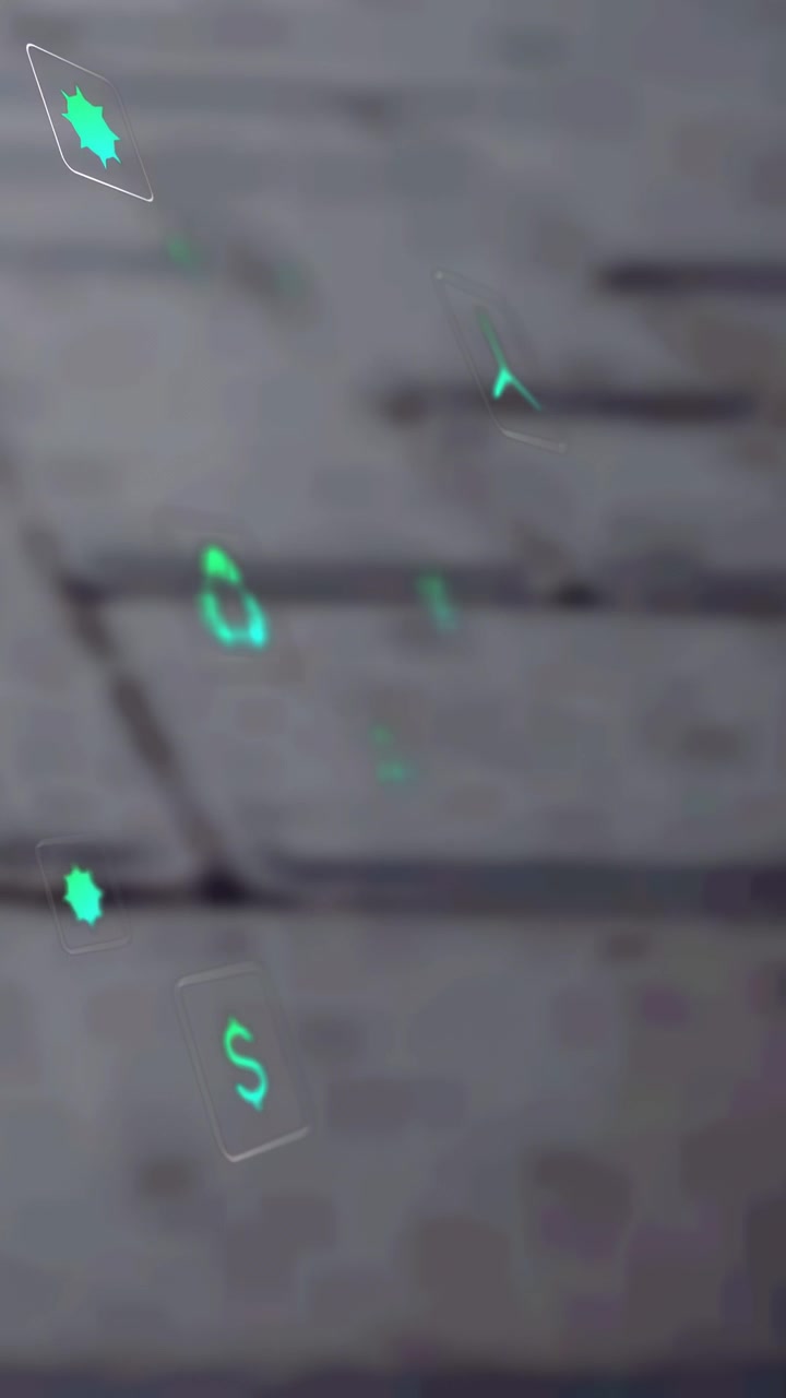 Vertical video: Faint marks starting green icons sliding down-left, rotating, fading, focusing left
