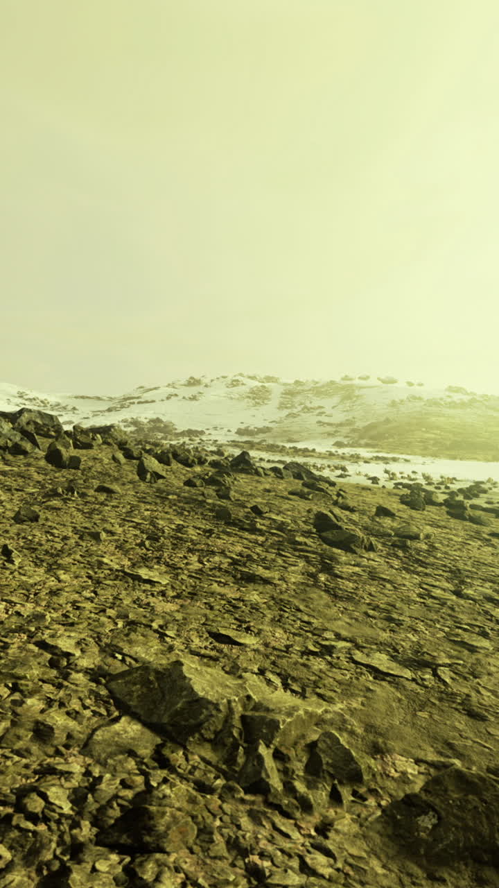 Mysterious landscape of an alien world with rugged terrain and yellow sky