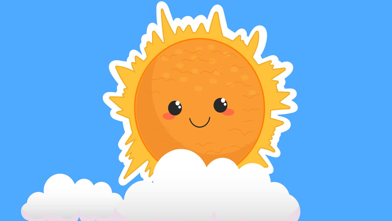 파란색 배경 위에 웃는 태양과 구름의 애니메이션
