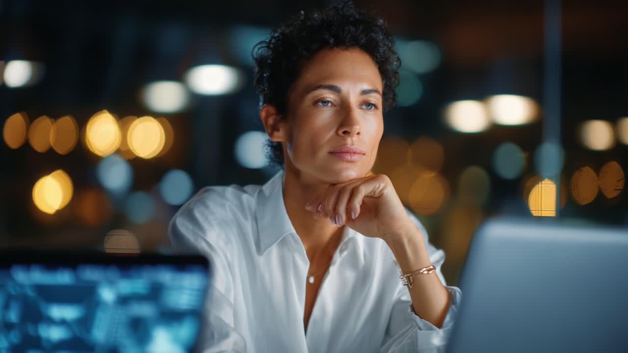 Focused Professional in Modern Office Setting: A Thoughtful Moment Captured with Warm Ambient Lighting and Screens Displaying Data