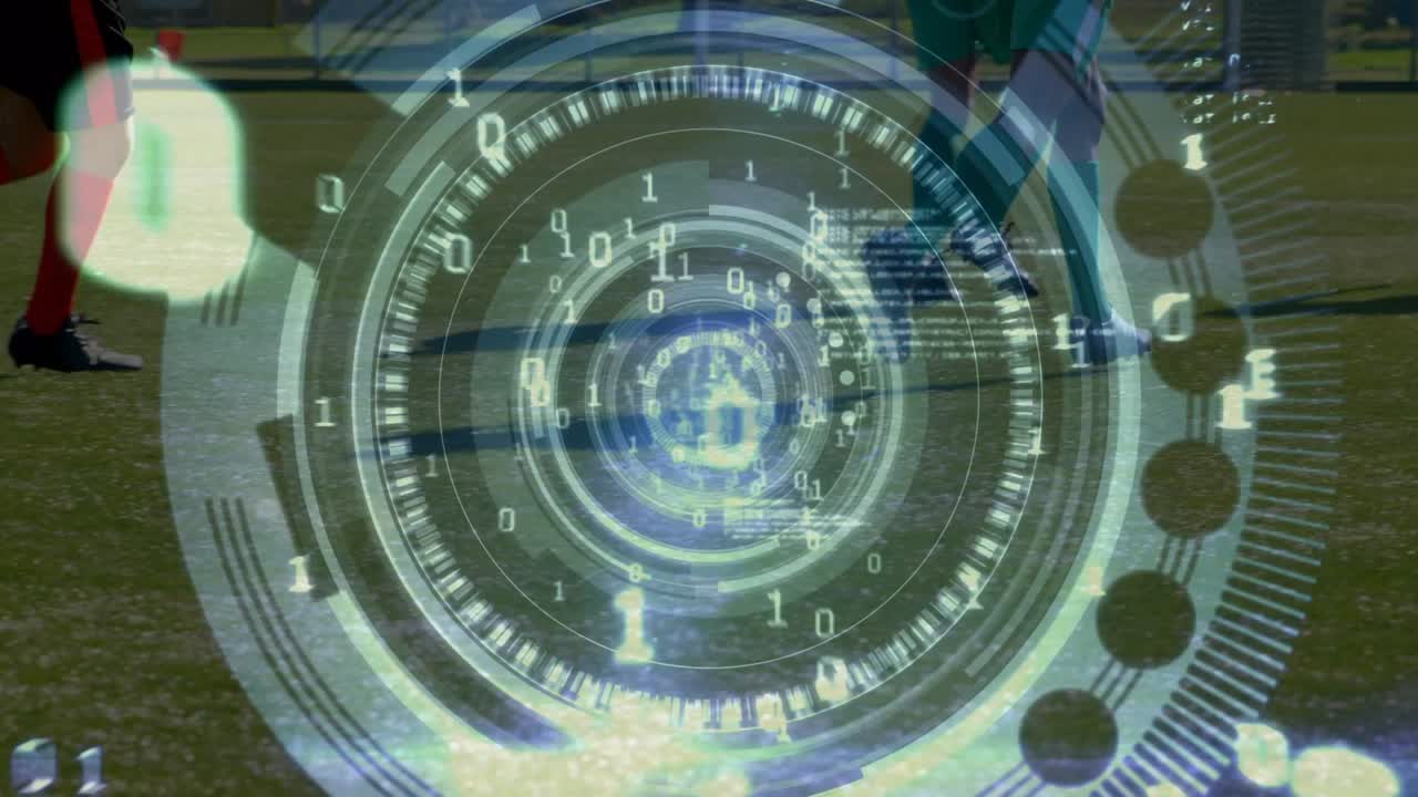 Animation of scope scanning and binary coding data processing over diverse football players