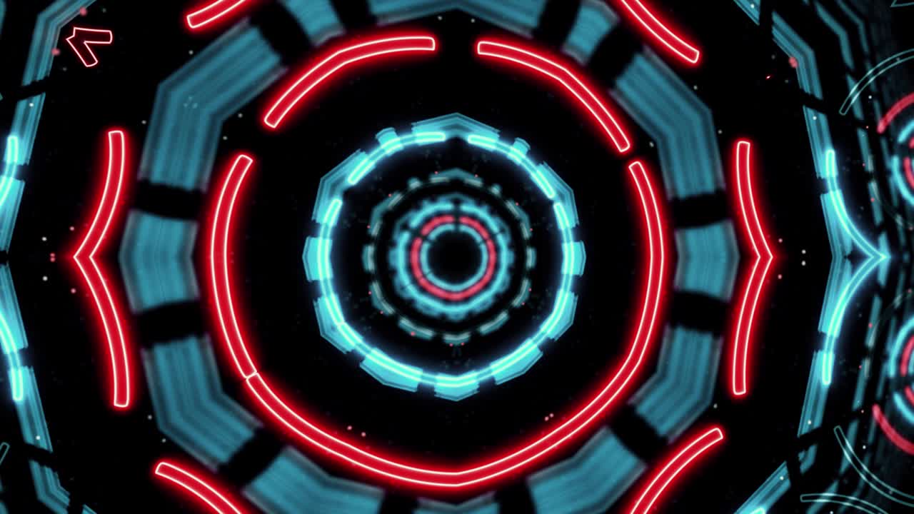Tunnel astratto e creativo al neon, a LED, con forme rotonde e circolari. Pavimento, sala e palco futuristici con prospettiva rotante