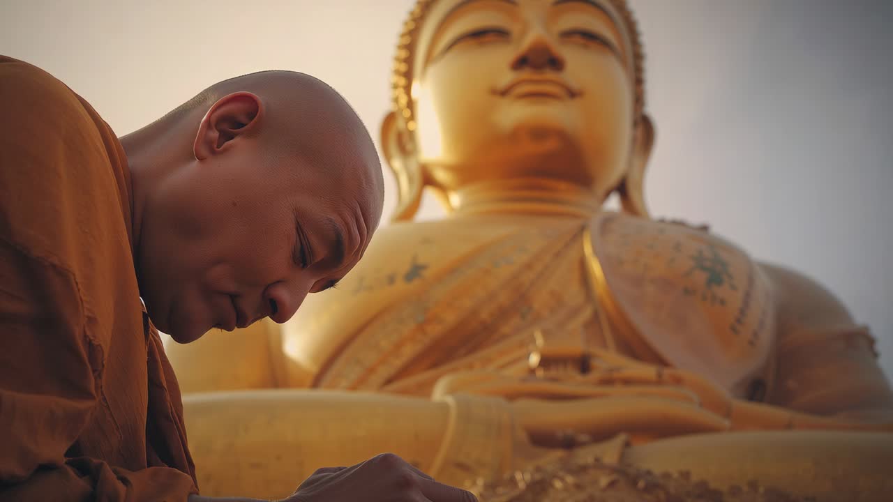 Bowing monk saffron-robed placing gold leaf on golden Buddha base for ritual at dawn, copy space