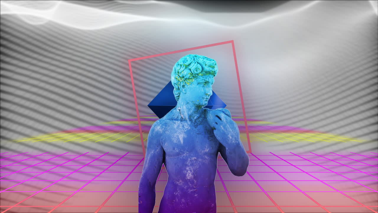 Animation of interference over shapes moving and sculpture on black background