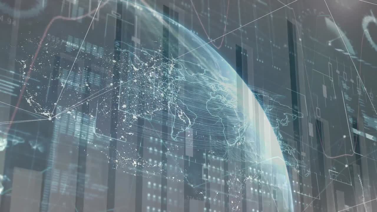 어두운 배경 에 있는 금융 데이터 테이블 과 디지털 글로브